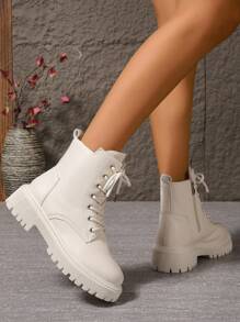 2025新款秋冬女靴，时尚百搭休闲靴，侧拉链女短靴，系带女鞋，保暖冬季女靴，平底舒适女靴 - 米色 - 查看 4