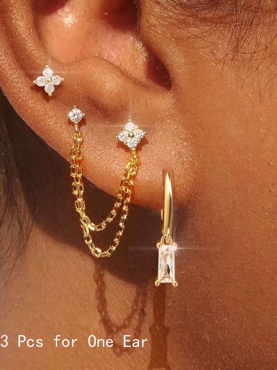 3 Pcs Exquisite Stainless Steel Hoop Earring Stud Sets For Woman Flower Cartilage Piercing Earrings Fashion Jewelry, Hypoallergenic 14K Gold Plated Dangle Earrings Dainty Small Long Chain Earring - Gold - View 1