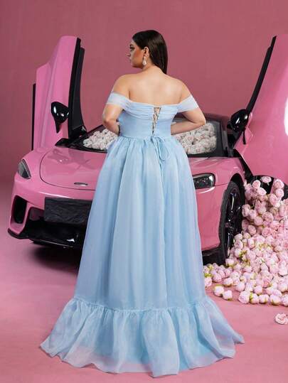 Faeriesty Luxe ​Plus Size Off-The-Shoulder Back Tie-Up High Slit A-Line Ruffled Ball Gown Dress | Ideal For Grand Evening Parties, Exclusive Charity Galas, High-End Wedding Receptions, Luxurious New Year's Eve Balls, Formal State Banquets​