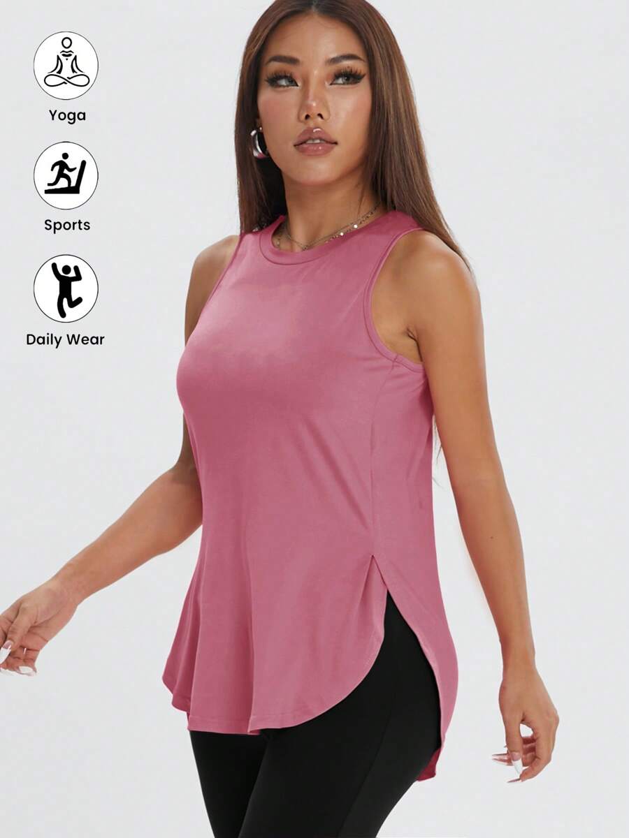 1 buc. Tricou sport pentru femei, casual, lejer, fără mâneci, cu fantă laterală, culoare uni, potrivit pentru primăvară/vară, exerciții fizice și activități în aer liber