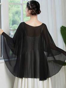 Cardigan Bolero sem mangas em chiffon transparente de cor sólida, verão - Preto - Ver 6