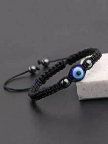 1pc Adjustable Evil Eye Bracelet, Beaded Woven Bracelet Suitable For Couples And Friends - Blue Eyes - View 3