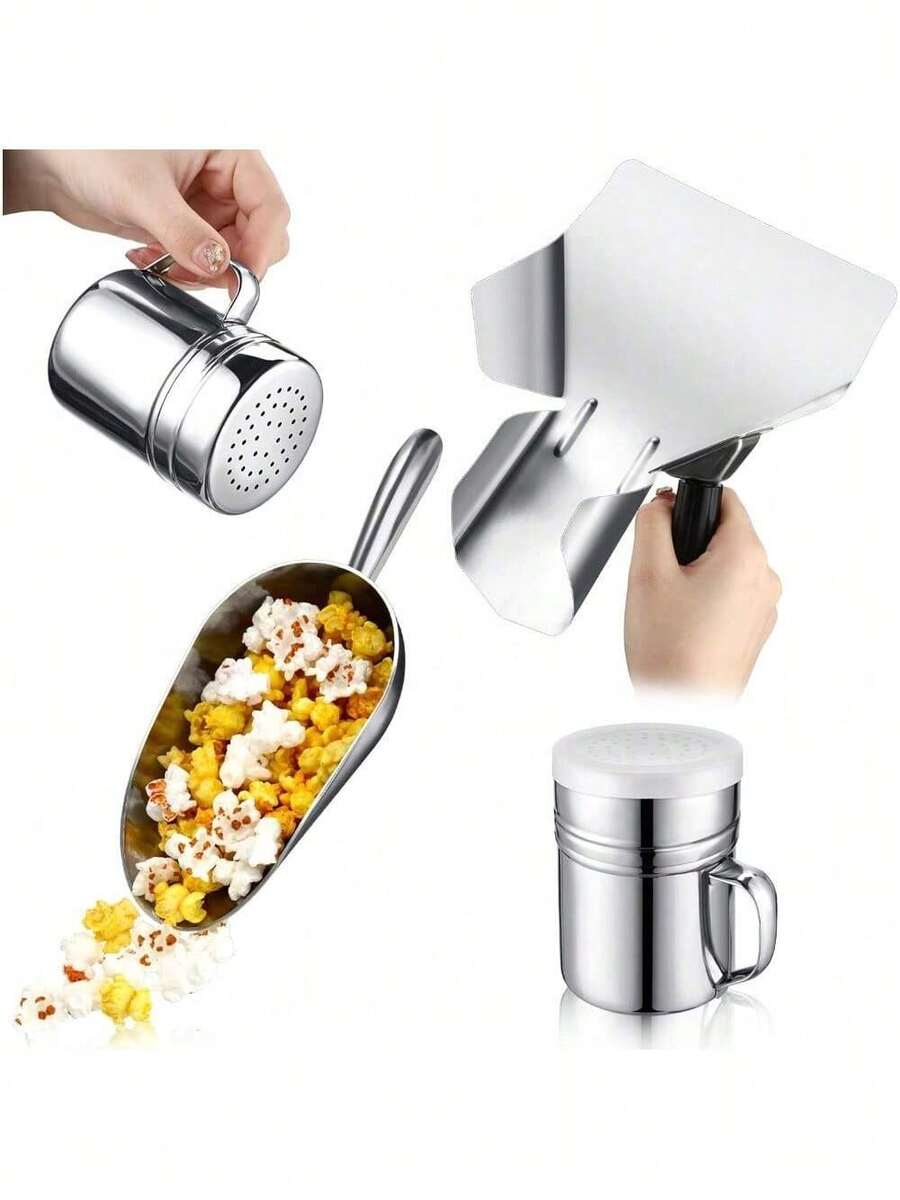 4-Piece Set – 12 Oz Aluminum Popcorn Scoops & Stainless Steel Salt Shaker Dredge, Round Bottom Utility Scoops With Finger Grip Handles For Snacks, Fries & Popcorn Machines - 1 - View 1