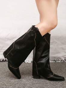 Botas altas de tacón grueso y punta cuadrada negras para mujer, botas de pantalón de eje alto con remaches de estilo retro, botas de estilo francés, botas vaqueras versátiles, adecuadas para petite, botas hasta la rodilla - Negro - Ver 3