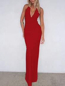 Robe longue moulante sexy et élégante pour soirée et bal, avec dos nu, lacets, froncée et en dentelle pour femmes