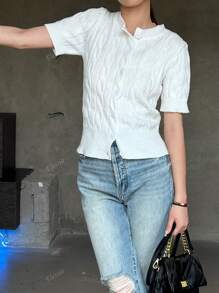 Nueva blusa de botones con cuello redondo de manga corta, ajuste slim. Cardigan de punto grueso, costilla, de estilo casual y elegante para primavera, verano y otoño