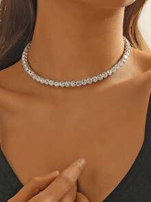 1pc Women's Rhinestone Choker Necklace, Rigid Fixed Formal Party Collar Necklace - Silver - View 7