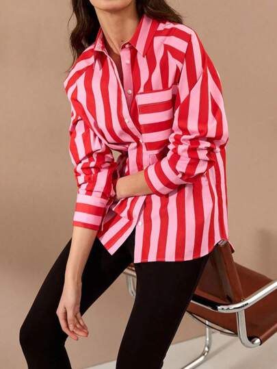 Chemise à rayures avec poche, simple boutonnage, décontractée, pour le travail, le quotidien, les vacances. Manches longues, nouveau style