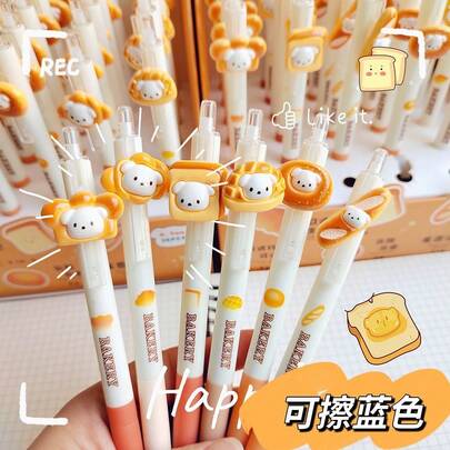 3 pièces/6 pièces Stylo effaçable en forme de pain mignon et dessin animé, stylo à bille effaçable bleu, livré avec 1 pièce d'efface de couleur aléatoire, Boutique de pain