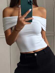 Livesso Women's Solid Color Off-Shoulder Slim Fit T-Shirt - White - View 4