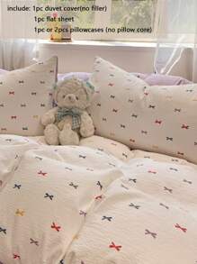 3/4pcs Bedding Set, Colorful Bow Print Duvet Cover, Soft Crinkly Gauze Duvet Cover, Cartoon Fresh Bed Set, Lilac Bedsheet, Suitable For Bedroom At Home, Suitable For All Seasons (Includes 1 Duvet Cover, 1 Bedsheet, 1/2 Pillowcases, Without Filler)