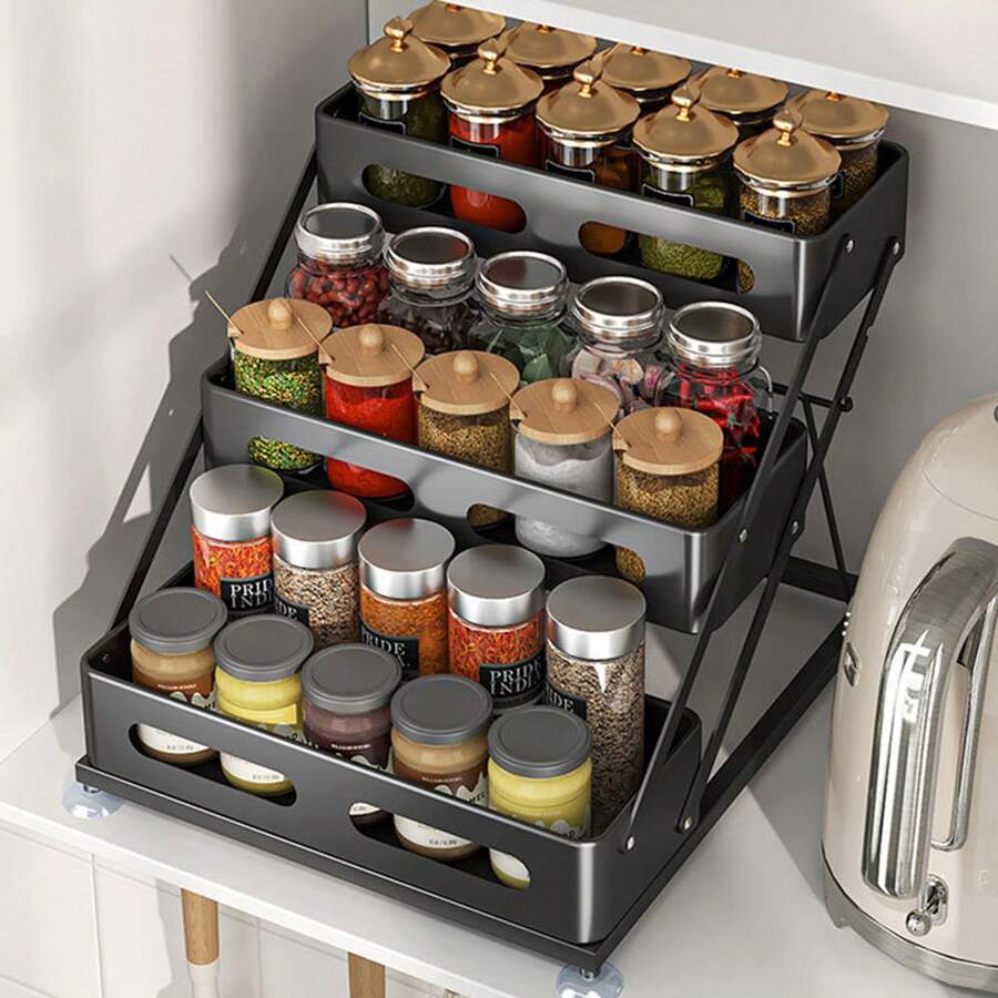 Étagère à épices sur pied à 3 niveaux, sans perçage, hauteur réglable, organiseur d'épices pour armoire de cuisine - Noir - Voir 1
