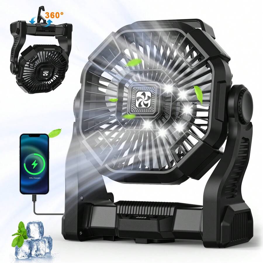 Portable Camping Fan With LED Light - 20000mAh Rechargeable Battery, Adjustable 270°/360° Design For Tents, Travel, And Outdoor Use,Travel Essentials Hand Held Fan,Portable Fans - màu đen - Xem 1