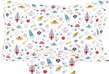 Planet Spaceship Rocket In Universe Cotton Cozy Twin Bed Sheet Set, Flat Sheet & Fitted Sheet & Pillowcase Natural Bedding Set (Space, Twin) - 黑與白 - 查看 1