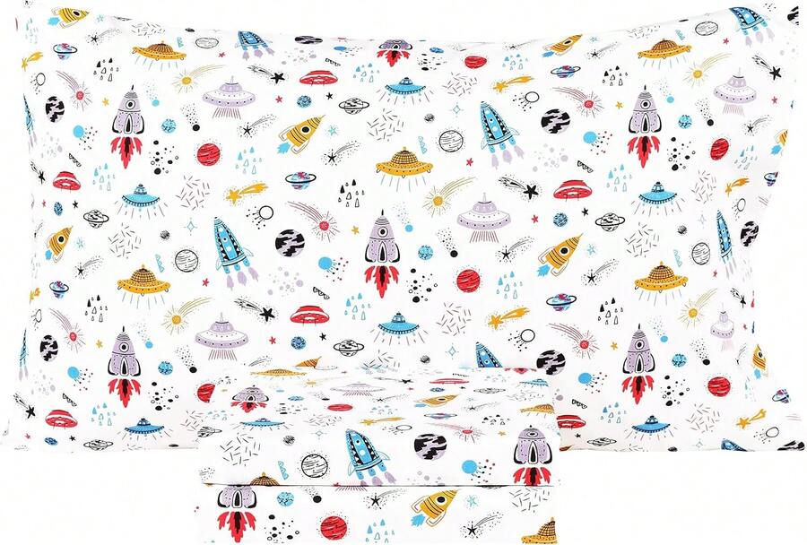 Planet Spaceship Rocket In Universe Cotton Cozy Twin Bed Sheet Set, Flat Sheet & Fitted Sheet & Pillowcase Natural Bedding Set (Space, Twin) - 黑與白 - 查看 1