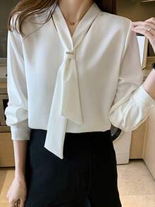 春秋蝴蝶结职业白色雪纺衬衫女上衣气质立领打底衫夏季 - 白色 - 查看 3