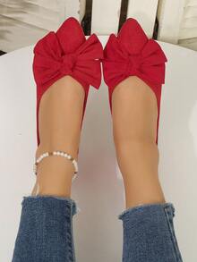 2025 New Women's Flat Casual Shoes, Pointed Toe With Rubber Sole, Bowknot Decor, Black, Versatile For Work - Red - View 4