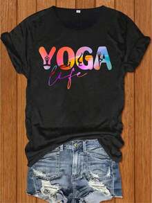 Deyin YOGA LIFE Printed T-Shirt Comfortable And Soft T-Shirt Round Neck Short Sleeve T-Shirt Loose And Comfortable T-Shirt Hot Print Funny Print-Graphic Tees-4th Of July-Funny Shirts-Graphic Shirts-Black Graphic Shirt-Summer 2025 Essential-Breathable Cotton Tee- 2025 - 黑色 - 查看 1