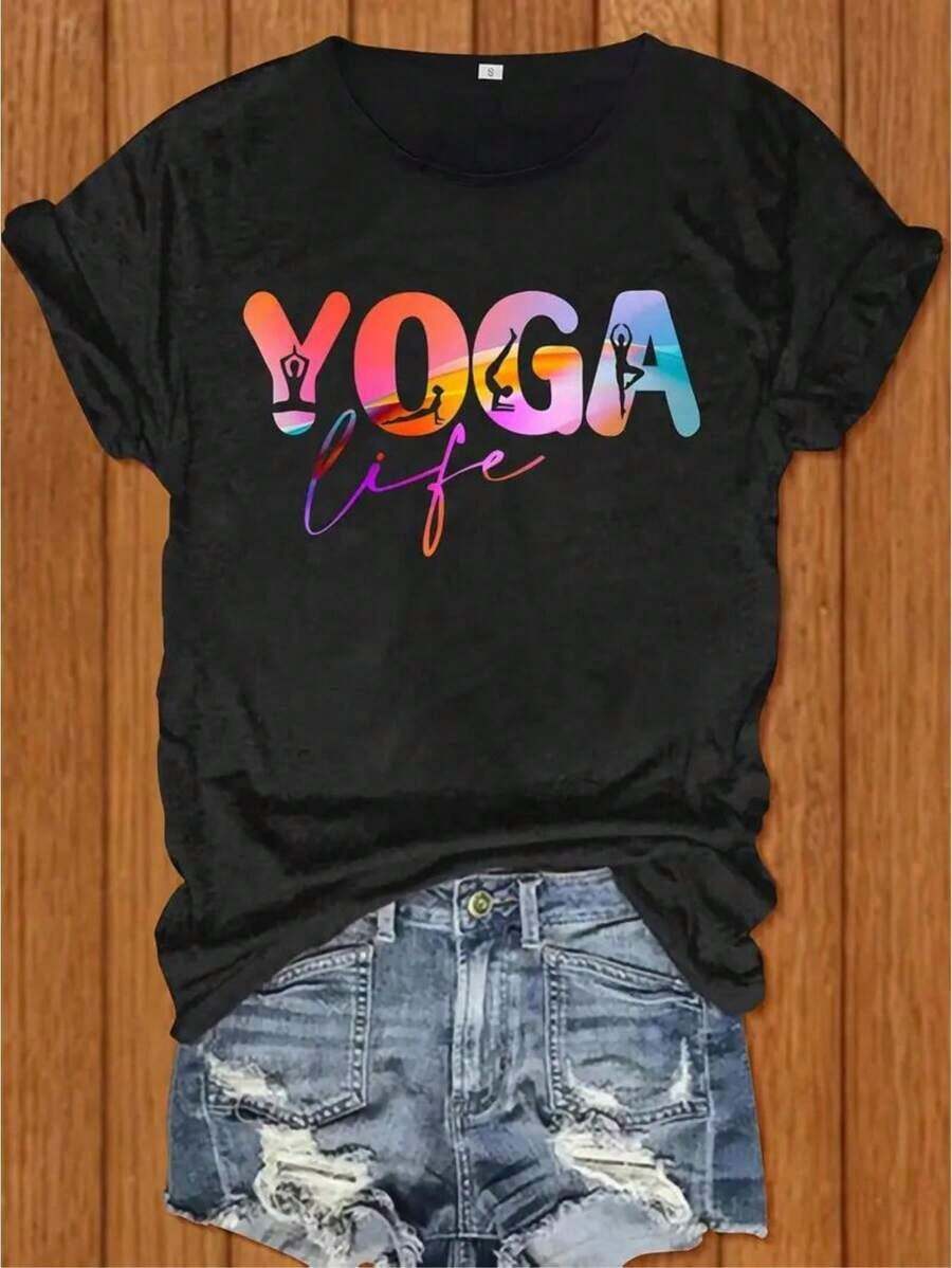 Deyin YOGA LIFE Printed T-Shirt Comfortable And Soft T-Shirt Round Neck Short Sleeve T-Shirt Loose And Comfortable T-Shirt Hot Print Funny Print-Graphic Tees-4th Of July-Funny Shirts-Graphic Shirts-Black Graphic Shirt-Summer 2025 Essential-Breathable Cotton Tee- 2025 - 黑色 - 查看 1