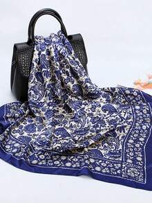 女式 Bandana 1 件波西米亚风格复古佩斯利和碎花真丝方形围巾，适合女士，春夏季时尚围巾，轻盈透气，适合日常和户外佩戴时尚发饰波西米亚风发带秋冬头带，适合女士度假装 - 藏蓝色 - 查看 4