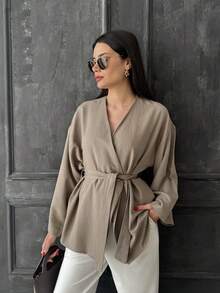 Linen Solid Casual Elegant Knotted Waist Belt - Beige - View 3