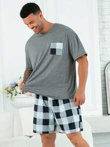 مجموعة بيجامة للرجال ذوي الحجم الكبير 2 قطعة ذات سروال قصير مربعات، وقميص بياقة مستديرة وأكمام قصيرة، بتصميم بسيط مناسب للربيع والصيف، متعدد الاستخدامات للراحة المنزلية والنوم