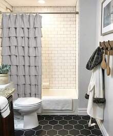Gray Shower Curtain, Ruffle Farmhouse Shower Curtain Fabric Bathroom Curtain Machine Washable, 72 X 72 Inch Long - Grey - View 7