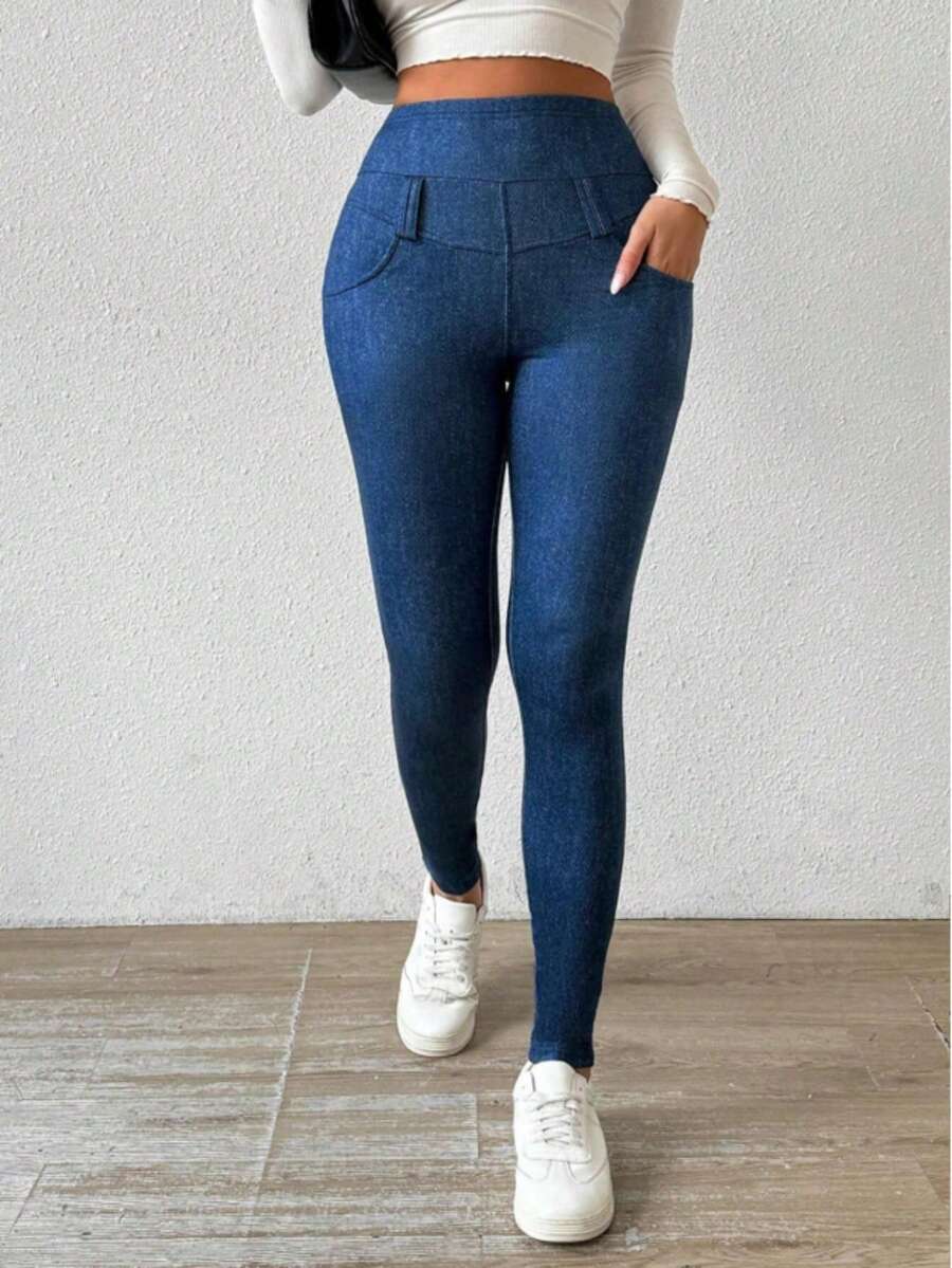 Thermisch gefütterte, bestickte Jeansoptik Leggings, Hoher Bund verdickte Fleece Hose, Warme Leggings für den Winter - Verschiedenfarbig - Übersicht 1