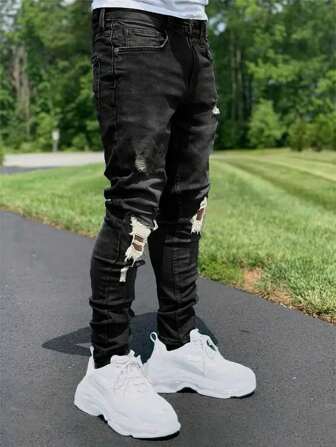 Men's European & American High Street Fashion Ripped Grey Jeans, Emo Style