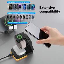 3-In-1 Fast Charging Station, 15W Multi-Function Wireless Charging Stand Compatible With Apple Devices, With Night Light Function - Black - View 3