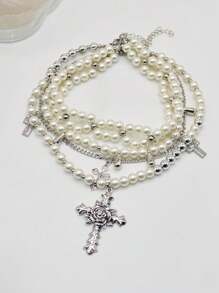 3pcs/Set Fashionable Luxury Exquisite Unique Design Punk Style Cross Pearl Layered Necklace, Versatile For Daily Wear And Parties