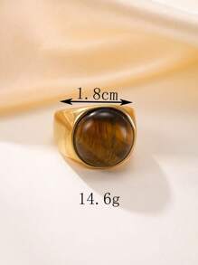 1 pieza Anillo redondo vintage de acero inoxidable con tono dorado y piedra marrón, disponible en múltiples tallas, adecuado para uso diario de mujer o como regalo