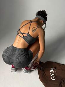 Women's Snake Skin Print Yoga Tank Top And Shorts Set, Suitable For Yoga, Running, Fitness, Spring/Summer Activewear - Dark Grey - View 1