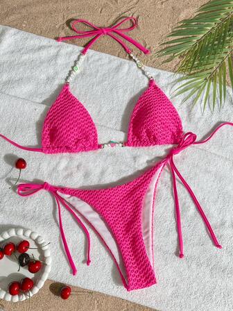 Bikinx 女士三角杯系带彩色串珠甜美比基尼，纹理面料沙滩度假泳衣套装