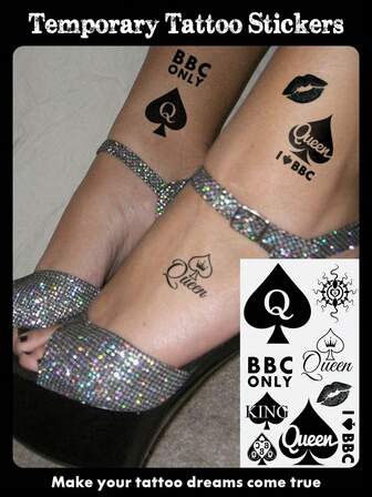 1 hoja de pequeño tamaño de pegatinas de tatuajes temporales de arte corporal para hombres y mujeres, con patrón de texto "Solo BBC" de estilo de rey, reina y espadas negras, en un estilo "provocativo y travieso". Tatuaje falso impermeable que dura de 2 a 5 días, cubre cicatrices y se puede usar en brazos, muñecas, hombros, piernas, cintura, cuello, mano, pecho, muslos y dedos. Ideal para mejores amigos, parejas, amantes y cosplay.