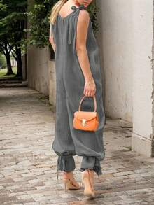 女士休闲纯色打结吊带背心哈伦裤，适合约会和度假