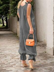 Women's Casual Solid Color Knotted Camisole Harem Pants, Suitable For Dates And Vacations
