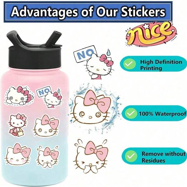 50/100pc, Hello Kitty Sticker, Sanrio Cute Sticker, Phone Case Sticker, Waterproof Sticker, Office Supplies, School Supplies, X, DIY Sticker, Decorative Sticker, Cartoon Sticker, Anime Peripheral Mobile Suitcase Sticker, Laptop Tumbler Guitar Sticker Cartoon Decoration For Laptop, Luggage, Mobile Phone And Water Bottle