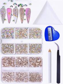 Supersparklige Glas-Kristall-Nagelrhinestones mit 6 Fächern in Geschenkbox, inklusive Punktierwerkzeug, Pinzette - komplettes DIY Nagelkunst Set AB-Farbkristallglas-Strass perfekt für Nagelkunst und Make-up, mit dreieckiger Platzierungsschale, Punktierstift, Nagelpinzetten-Set