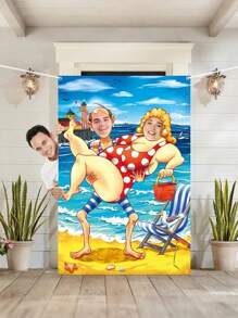 海滩派对人脸背景 3.3 X 5.5 英尺，海滩人脸骷髅照片道具，瘦男人抱着胖女人派对摄影背景，夏季海滩派对装饰，搞笑情侣照片道具 - 彩色 - 查看 6