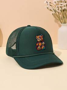 男女通用时尚卡通熊印花成人海绵帽带绳装饰网眼拼接透气可调节尺寸时尚棒球帽适合日常户外活动遮阳休闲高尔夫帽