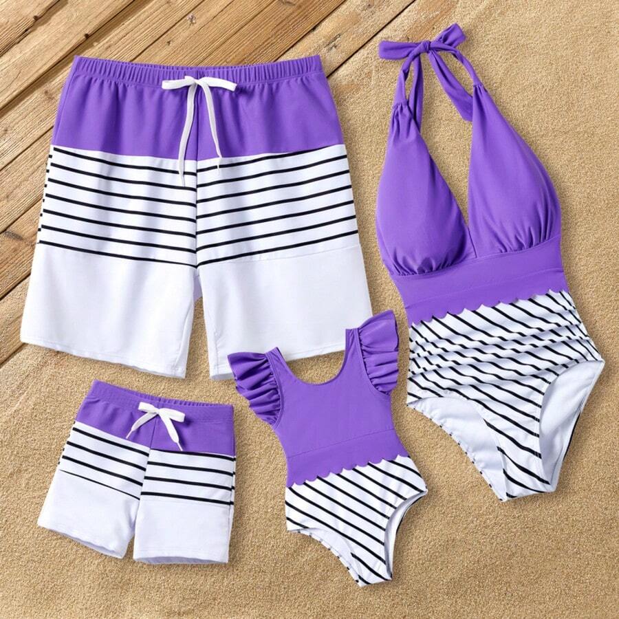 PP Family Matching Colorblock Stripe Swim Trunks Or Purple Tie Halter Scallop Trim Swimsuit - 紫色 - 查看 1