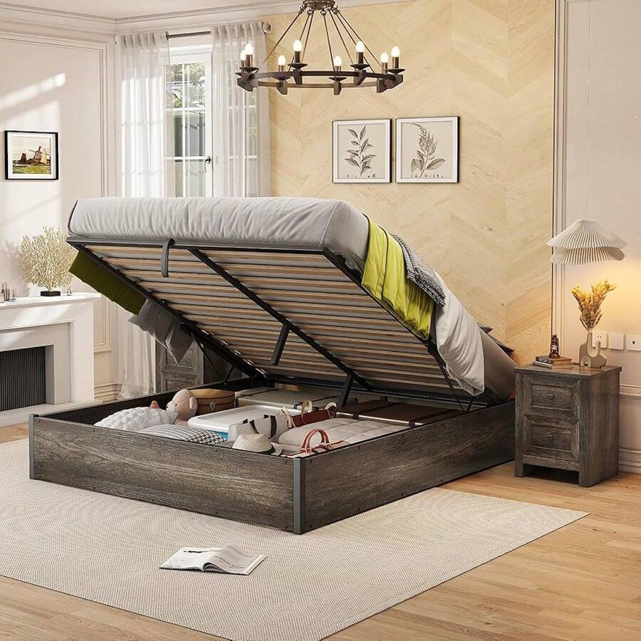 Full / Queen / King Size Lift Up Storage Bed Frame With Hydraulic Gas Lift - Rustic Grey Wood Platform, Large Underbed Storage - 灰色 - 查看 1