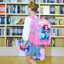 3 件套女童滚轮背包，儿童美人鱼背包带滚轮，带午餐盒的轮式书包，适合小学幼儿