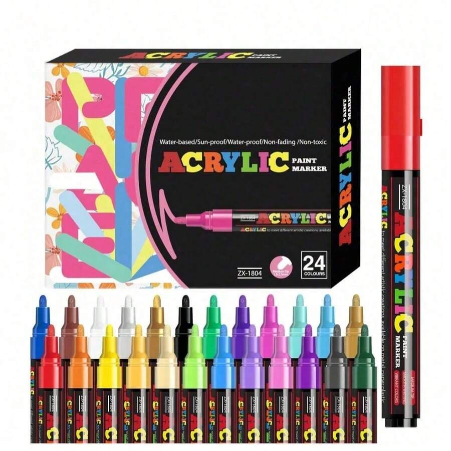 [鲜艳亚克力马克笔套装] 12/18/24 支鲜艳亚克力马克笔套装 - 中号 (2-3mm) 笔尖马克笔 - 适用于岩石绘画、黑纸、滑板装饰、木材、塑料、帆布、圣诞节祝福、学校用品、返校