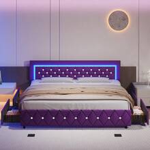 Twin/ Full/ Queen/ King Size Bed Frame With Storage Drawers, Upholstered LED Bed Frame With Headboard, Modern Platform Bed Frame With Headboard And Footboard, Diamond Tufted Design, No Box Spring Needed, Twin/ Full/ Queen/ King, Pink/ Black/ White/ Purple/ Yellow (Twin Size 2 Drawers/ Other Size 4 Drawers) - 紫色 - 查看 15