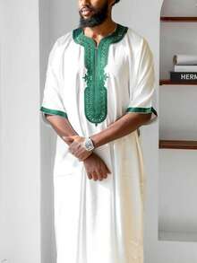 2025阿拉伯男士传统甘杜拉半袖长袍宽松摩洛哥刺绣甘杜拉文化服饰卡夫坦男式长袍祈祷节伊斯兰