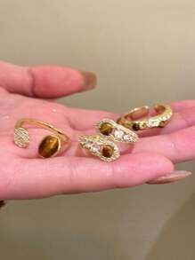 3 pièces Ensemble de bagues ouvertes en pierre d'œil de tigre avec motif de serpent en malachite, bagues vintage uniques de luxe pour femmes, convient comme cadeau de Noël