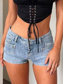 Shorts di jeans casual per donne, di colore solido, sexy, con tasche, cerniera e bottoni, adatti per l'estate, le vacanze e i viaggi