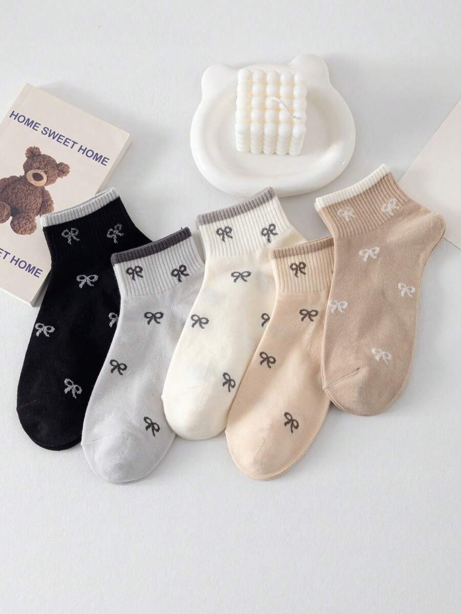 5/10 par krótkich skarpetek z kokardką, urocze skarpetki do kostki z niskim wycięciem na lato i jesień, miękkie, oddychające, modne, codzienne skarpetki żeglarskie, odpowiednie do noszenia na co dzień